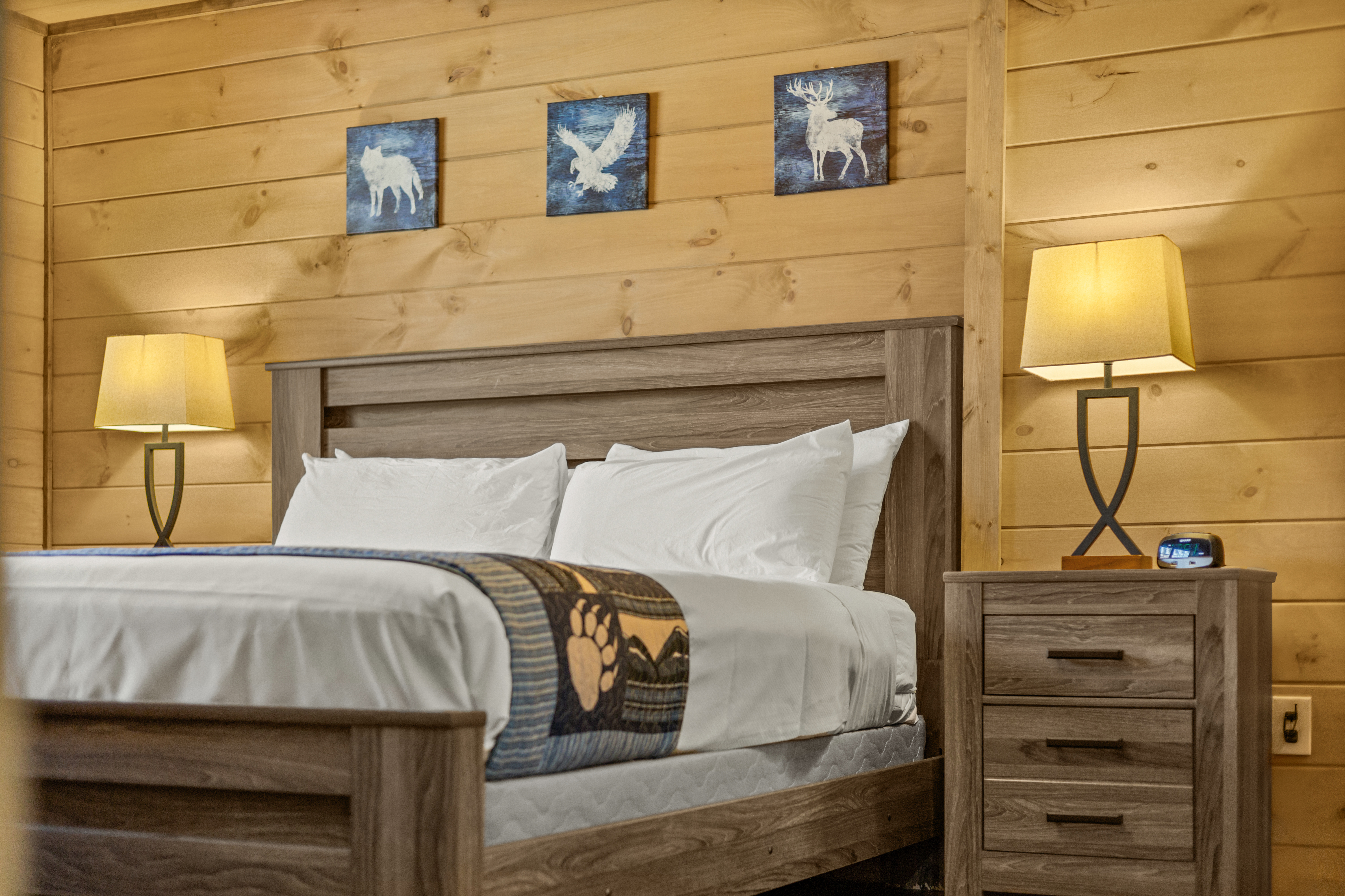 Cozy cabin-style bedroom with warm wood accents and inviting rustic charm
