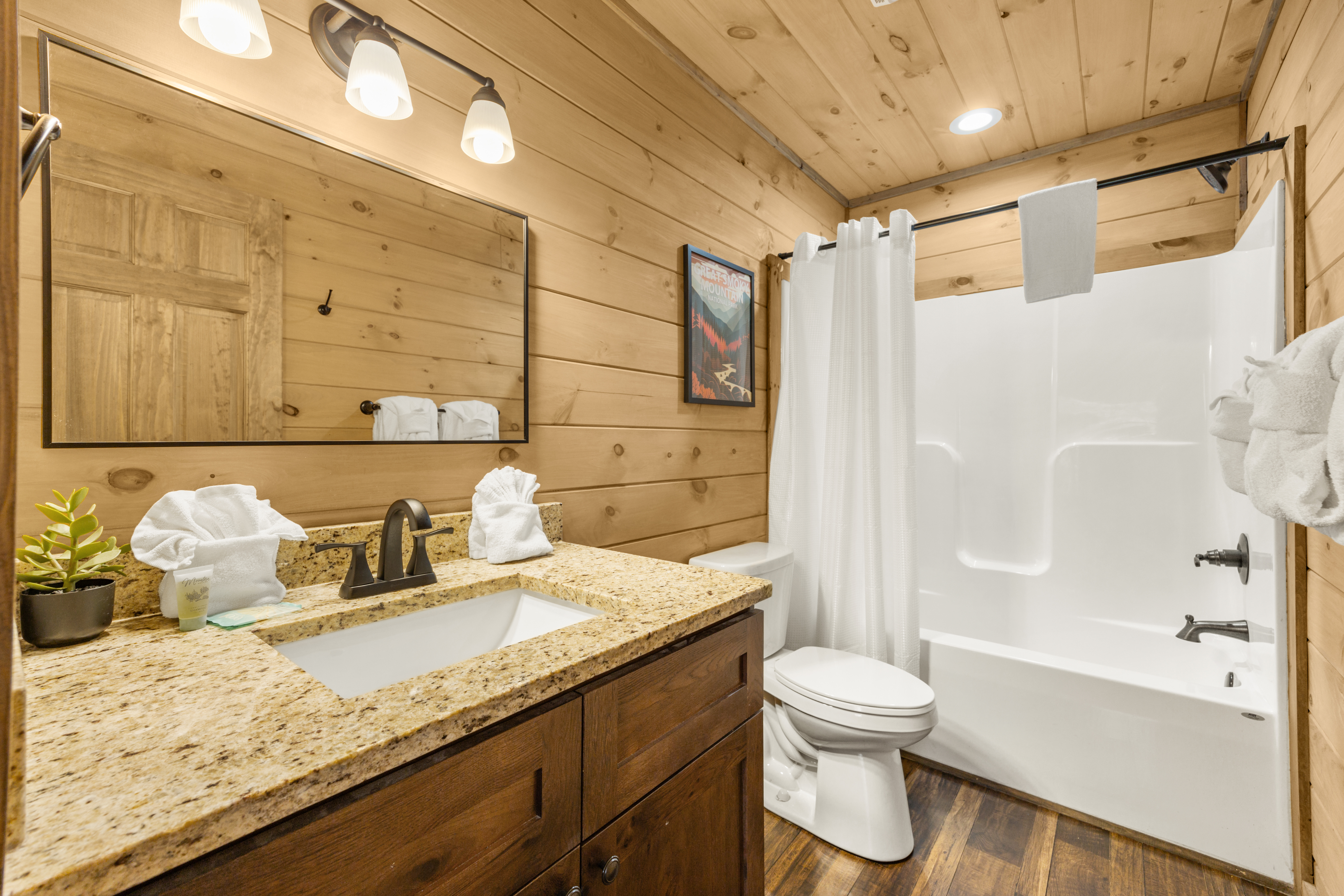 Cozy cabin bathroom with granite vanity and full tub-shower combo