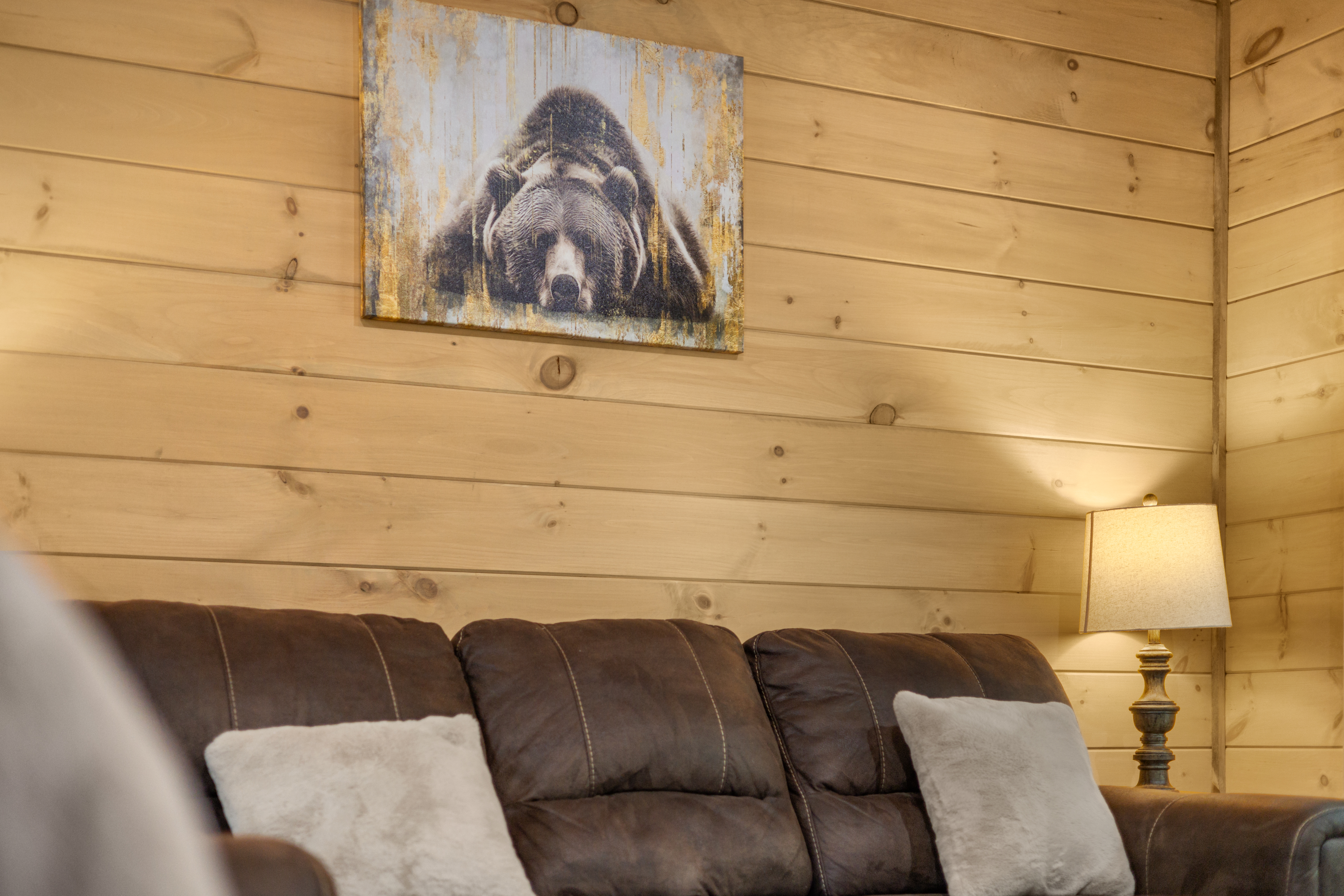 Cozy cabin lounge with leather seating, warm lighting, and rustic charm