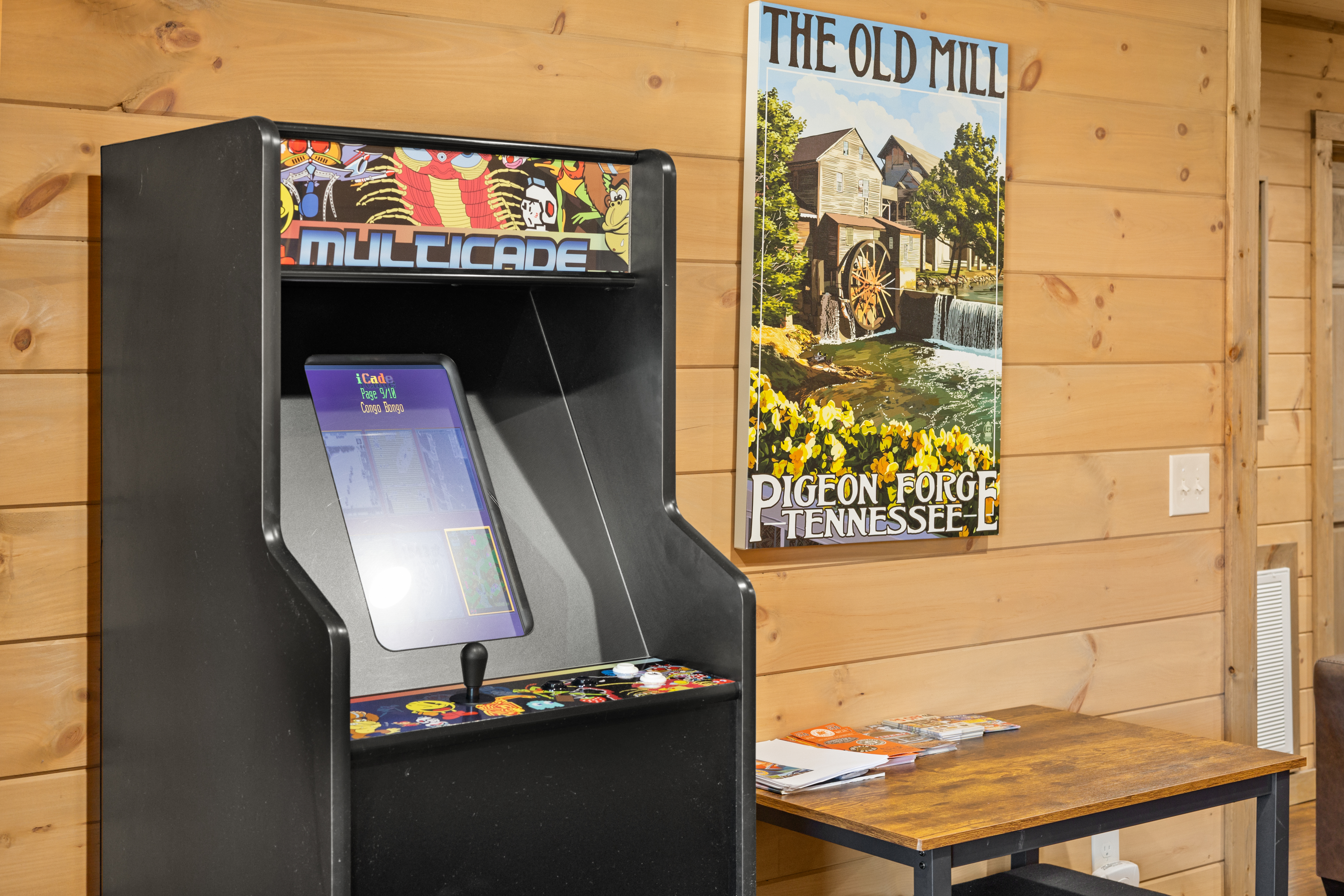 Classic arcade corner with rustic cabin charm and Pigeon Forge character