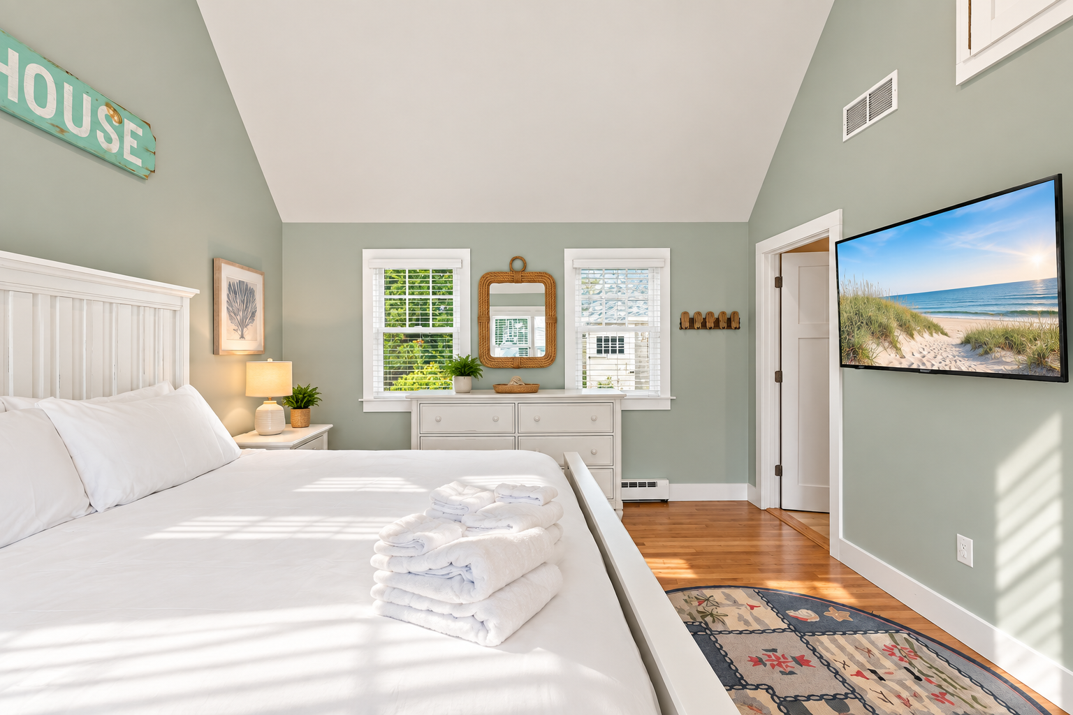 Bright coastal bedroom with vaulted ceiling, TV, and sunny windows