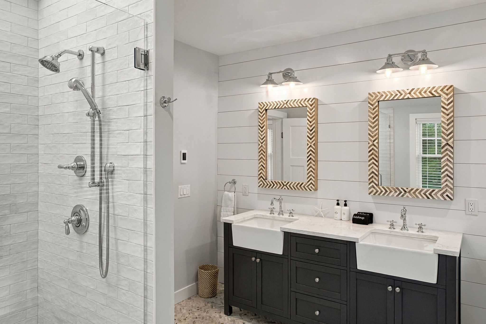 Stylish spa-like bath with walk-in shower and double vanity