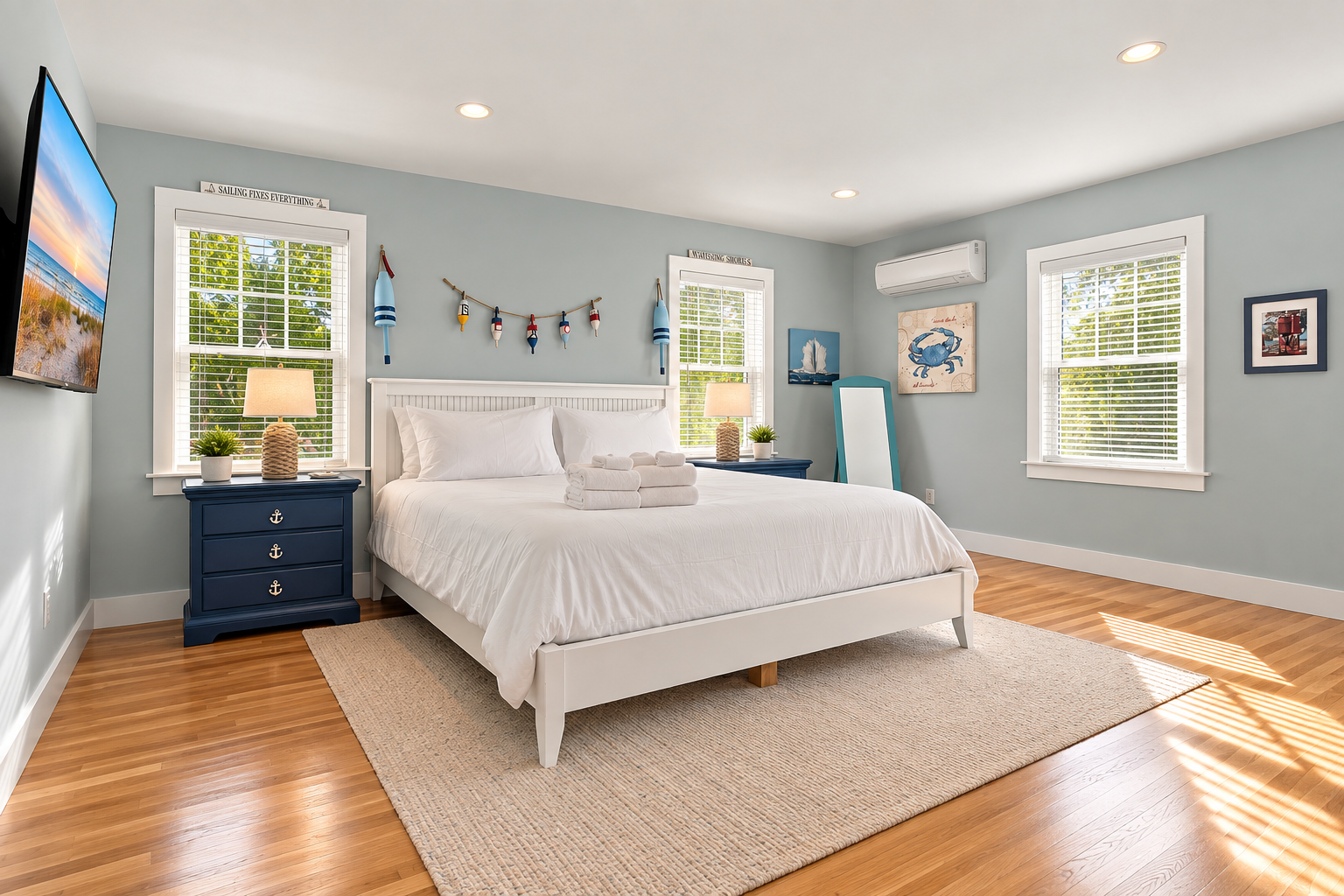 Sunny coastal king bedroom with TV, AC, and bright nautical charm