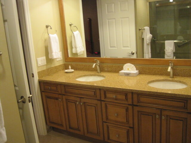Spacious double-sink bathroom with granite vanity and ample storage