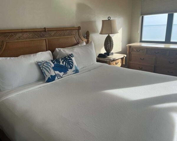 Bright coastal-style bedroom with plush king bed and warm natural light