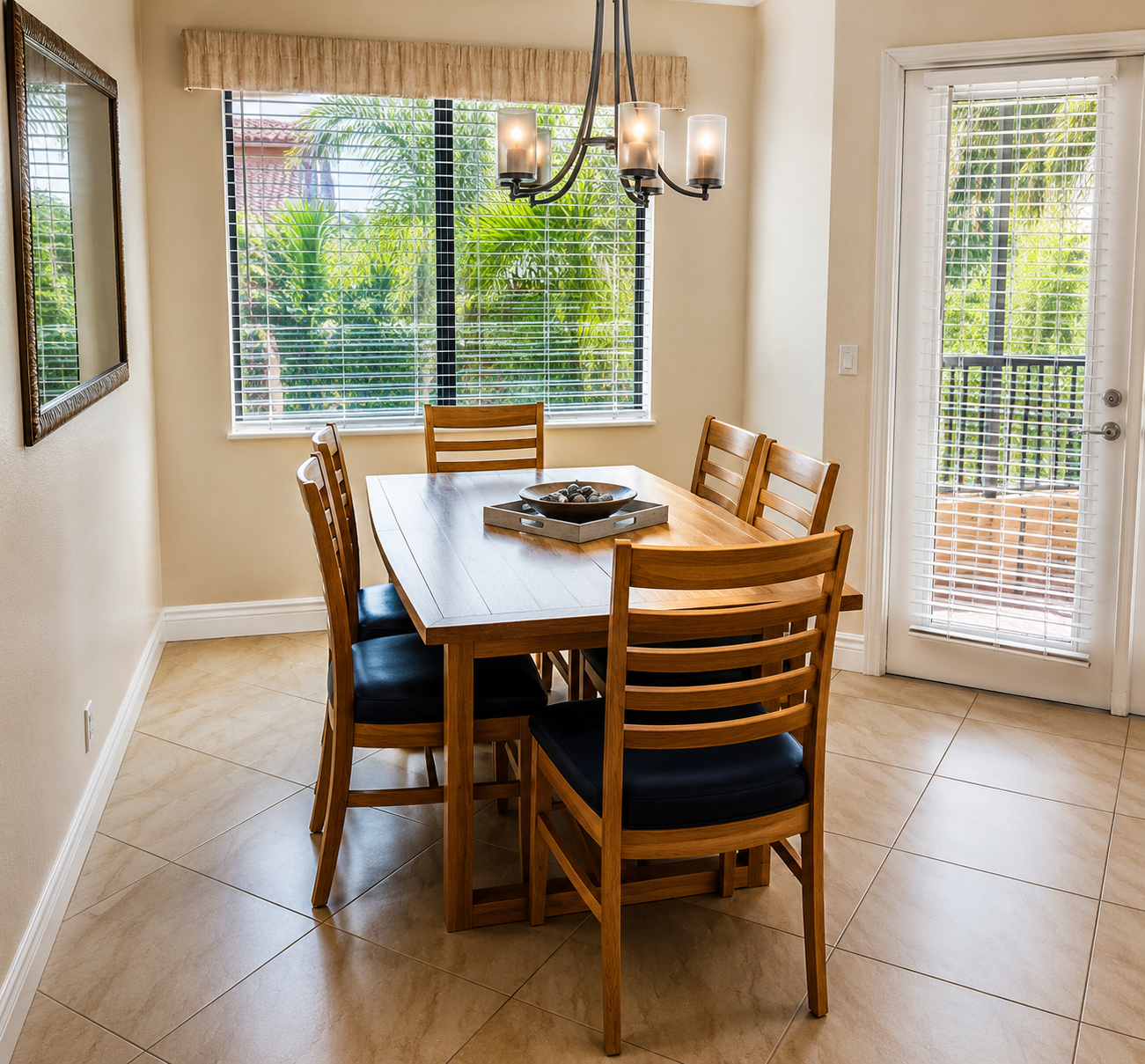 Bright dining nook for 4 with balcony access and sunny garden views