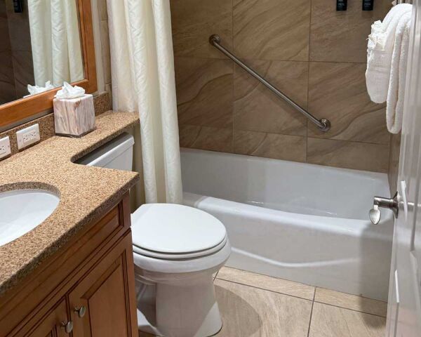 Bright, tidy bathroom with granite vanity and tub-shower combo