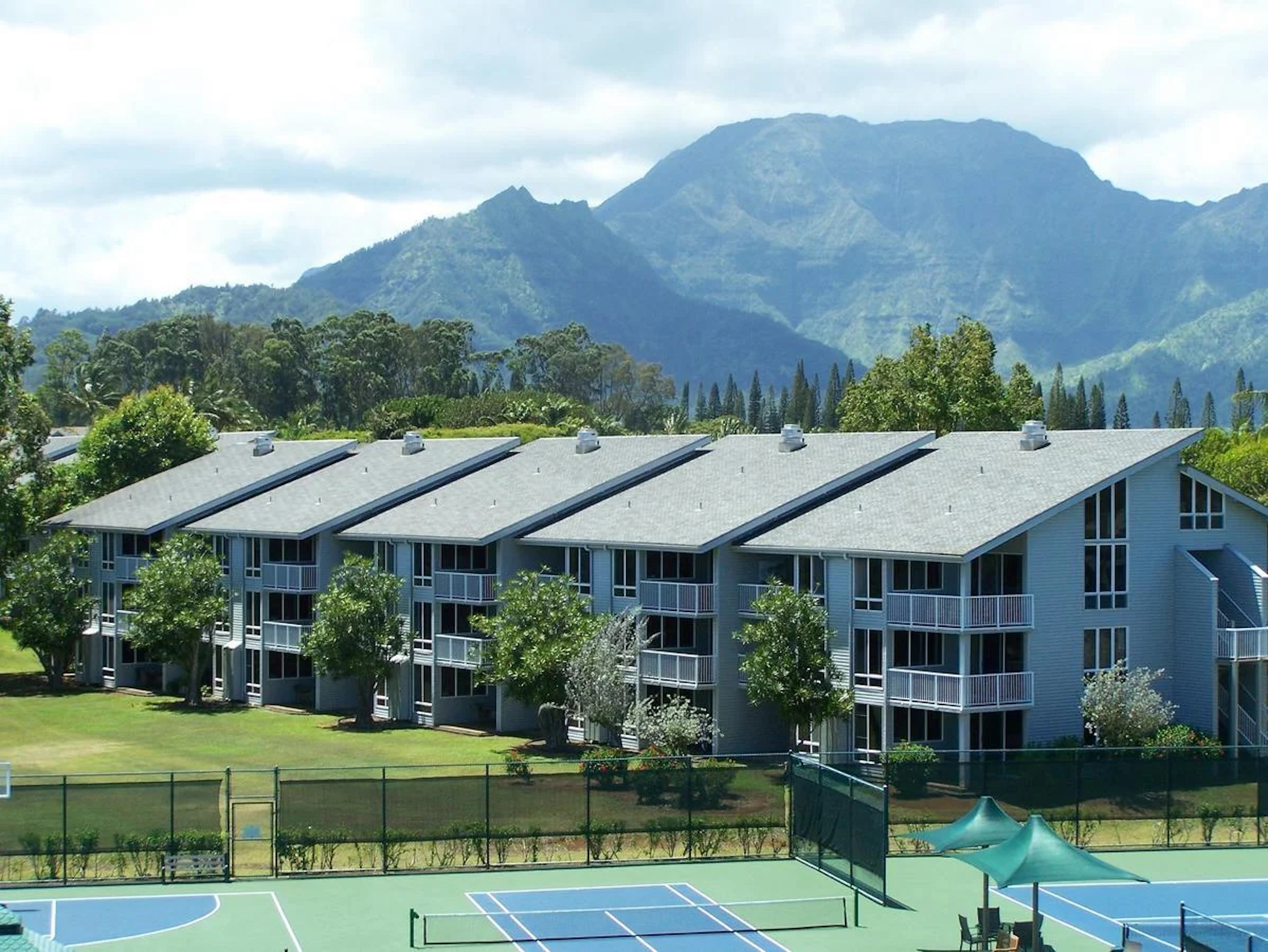 Scenic mountain-view condos with balconies and on-site tennis courts