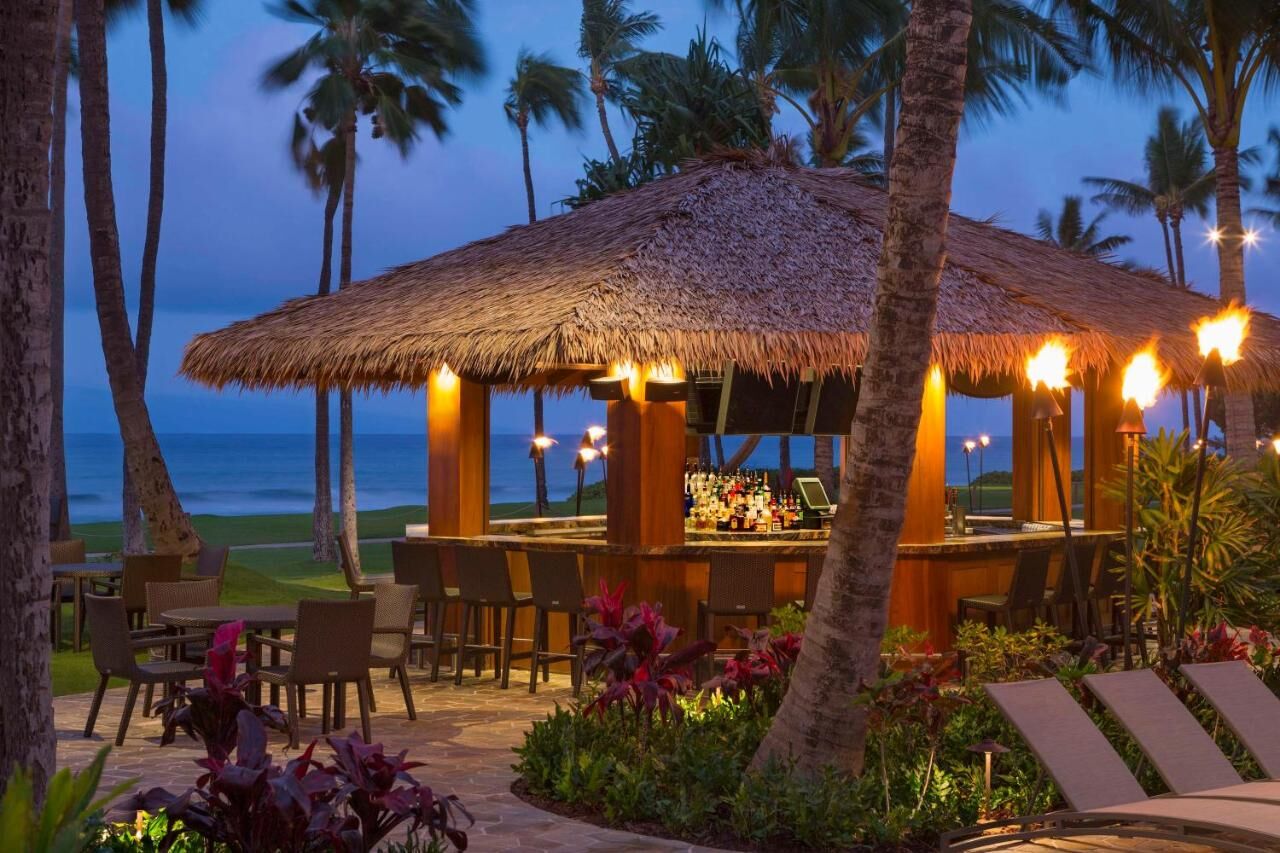 Oceanfront tiki bar with palm-fringed seating and sunset resort vibes