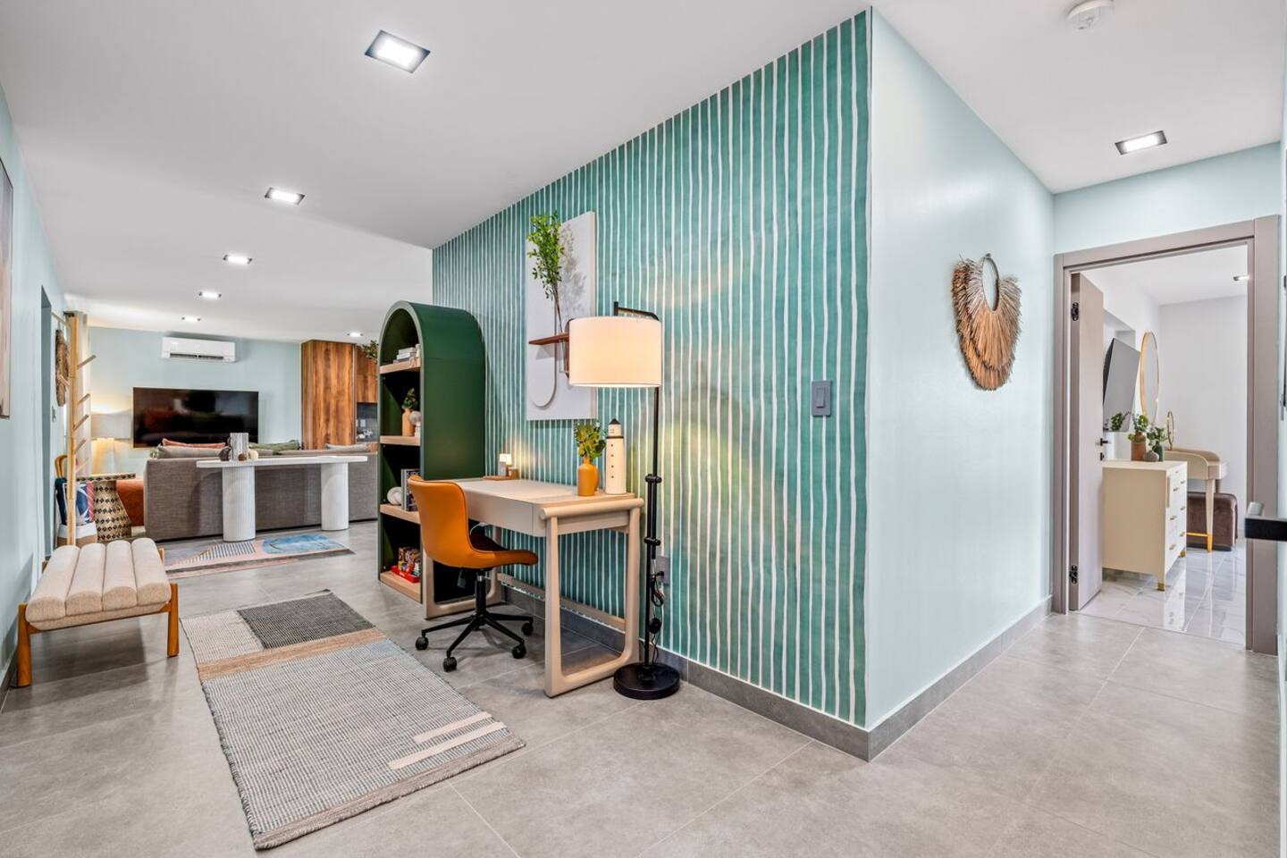 Bring your laptop and settle into the workspace for a comfortable setup when work calls.