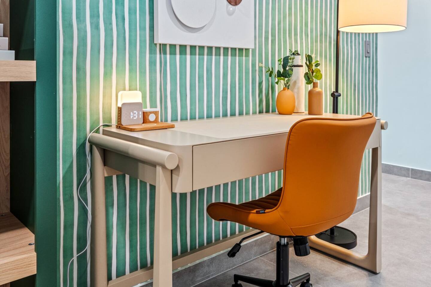 The workspace table provides a simple and convenient setup for working, studying, or catching up on emails.