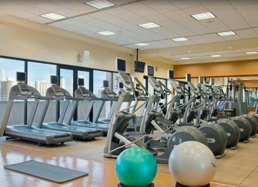 Bright fitness center with cardio machines, weights, and city views
