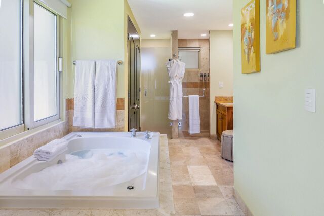 Spa-like bathroom with bubbling soaking tub and walk-in shower