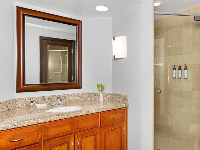 Bright bathroom with granite vanity and glass walk-in shower