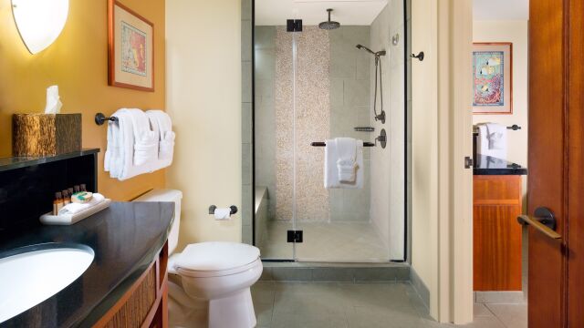 Spa-like bathroom with glass walk-in shower and sleek modern finishes