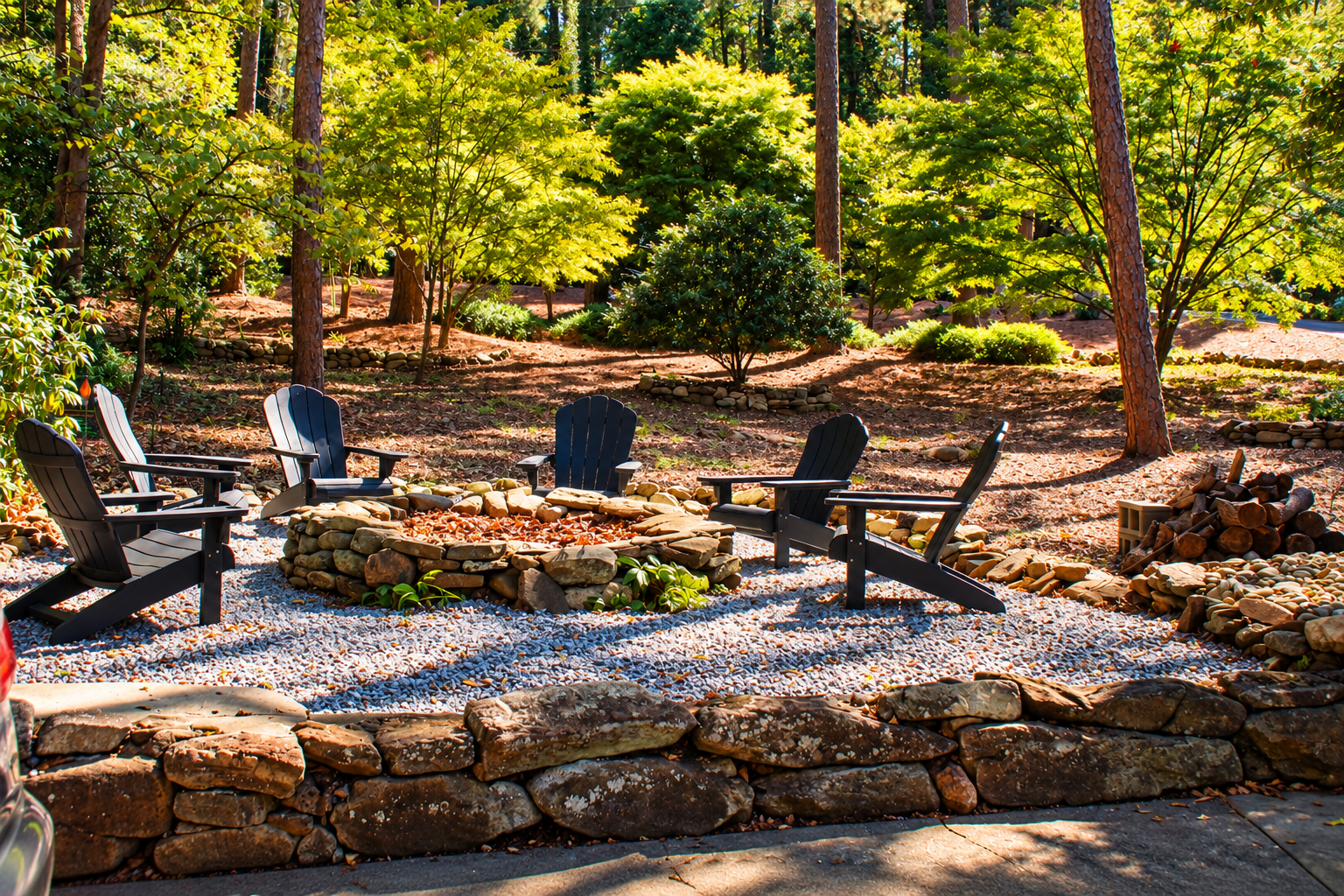 Hand-crafted stone defines the landscape: a fire pit built to last, sky arcing above, ready for long nights of talking and flames.