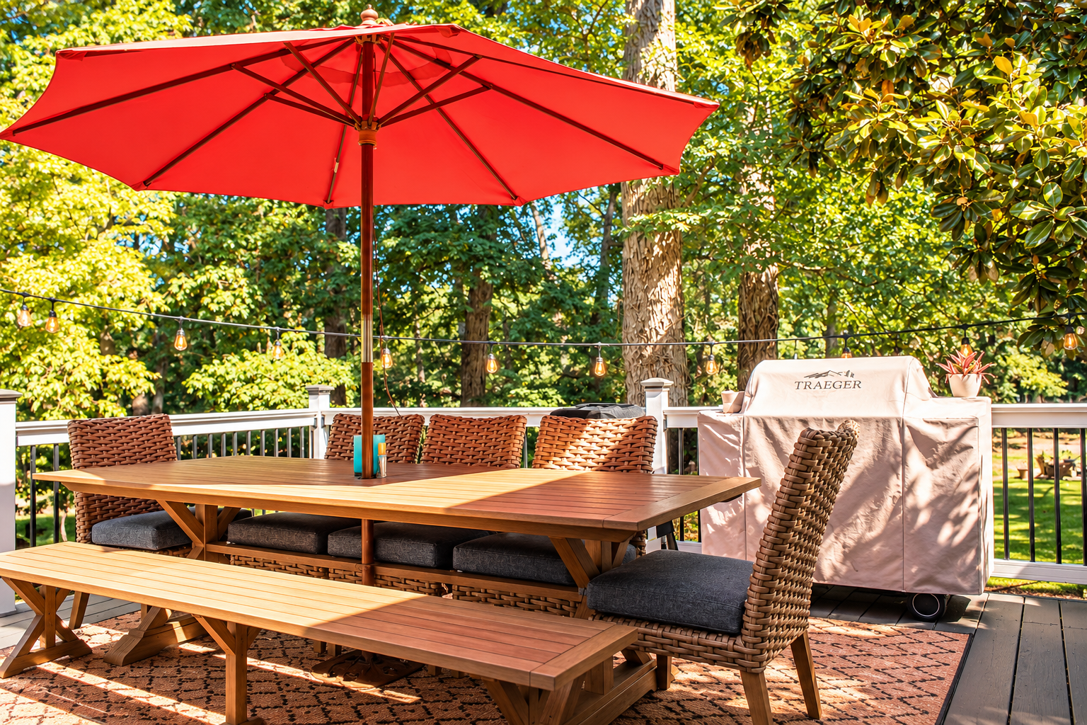 A bold red umbrella crowns the table where your crew gathers: Traeger-smoked dinners, string lights, and the trees as your backdrop.