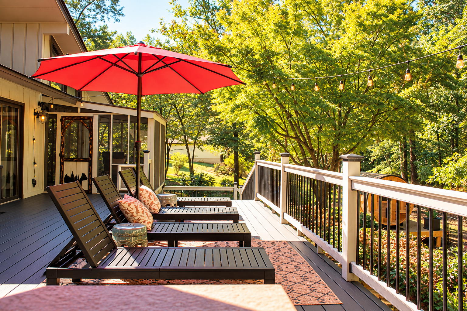 Recline under the red umbrella where string lights will glow tonight: this is where the afternoon stretches, where you watch the woods breathe, and where nothing else matters.