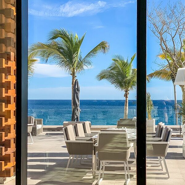 Oceanfront patio with palm trees, chic seating, and stunning sea views