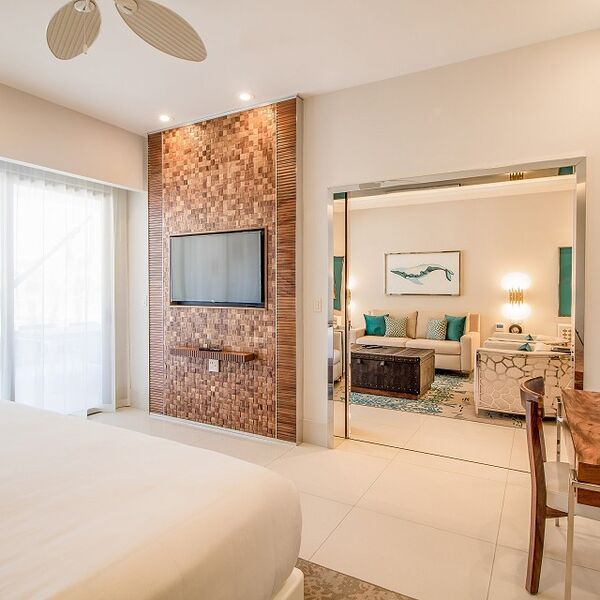 Bright modern suite with TV, chic lounge area, and elegant tropical style