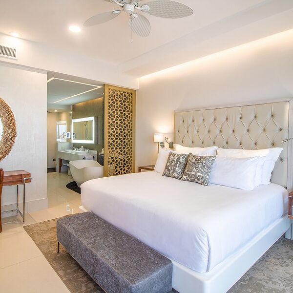 Elegant king suite with spa-style bath and soaking tub