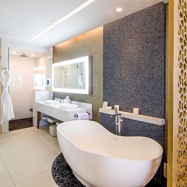 Spa-style bathroom with soaking tub, double vanity, and rain shower