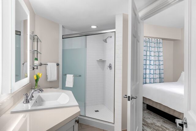 Bright modern bath with walk-in glass shower and bedroom access