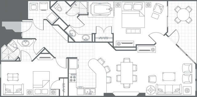 Spacious 2-bedroom layout with open living, dining, and multiple baths