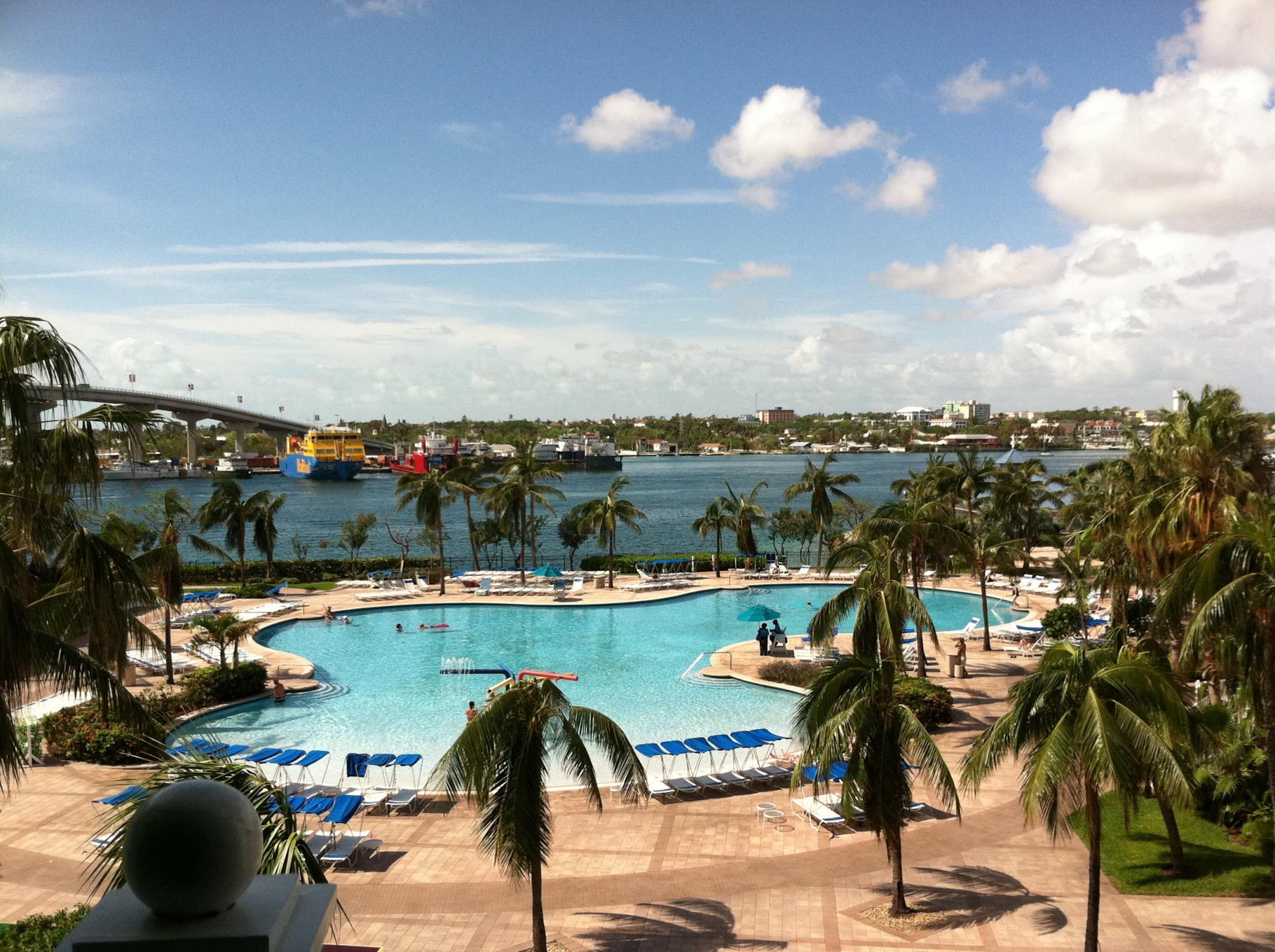 Resort-style pool with palm-lined waterfront views