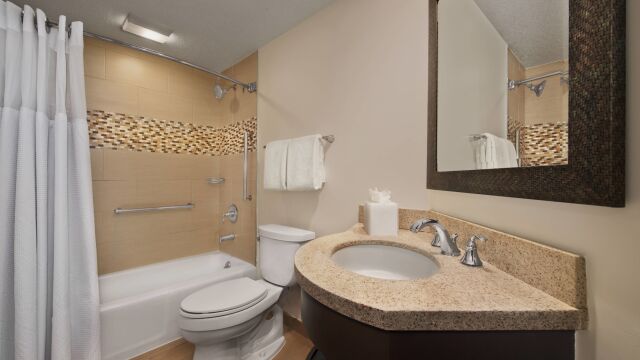 Modern bathroom with granite vanity and tiled tub-shower combo