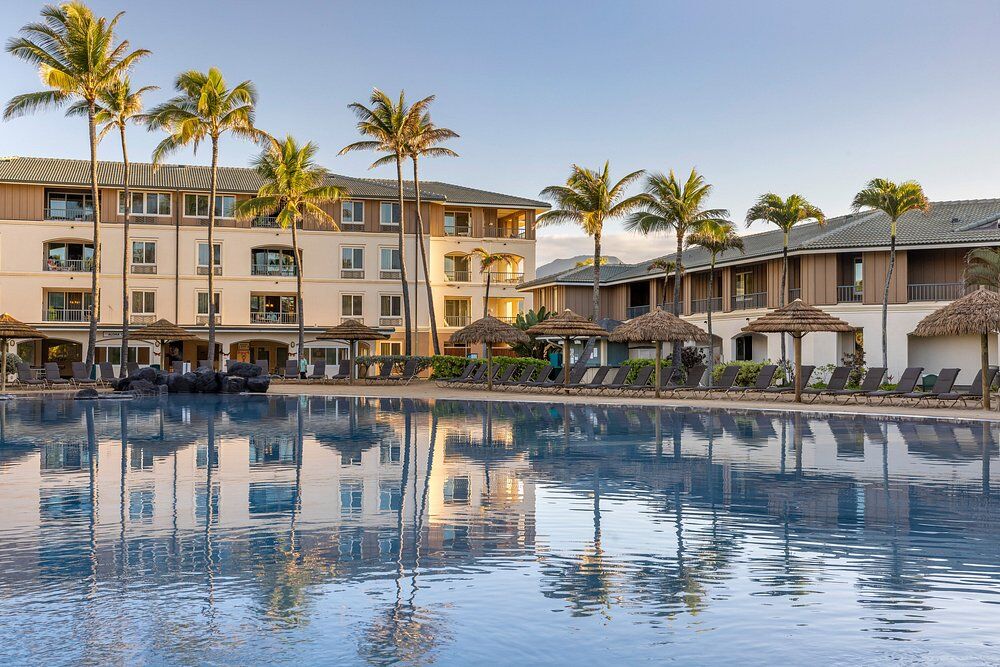 Resort-style pool oasis with palm trees, loungers, and tropical charm