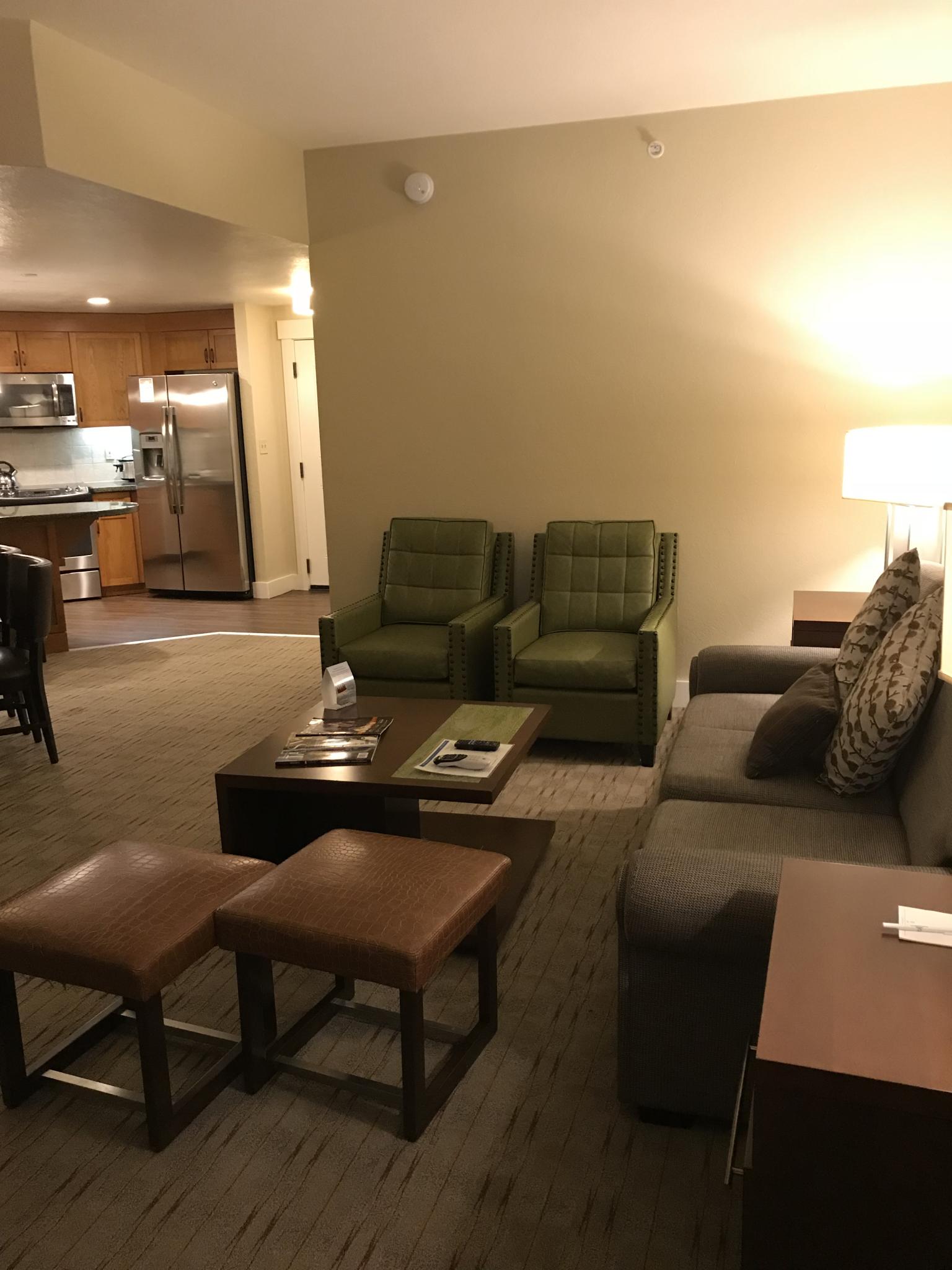 Cozy open living room with full kitchen and plenty of seating