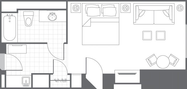 Smart studio layout with full bath, dining nook, and cozy sleeping area