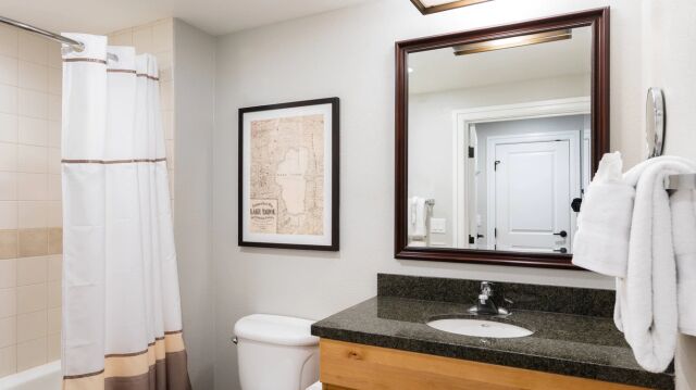 Bright bathroom with granite vanity, large mirror, and fresh plush towels