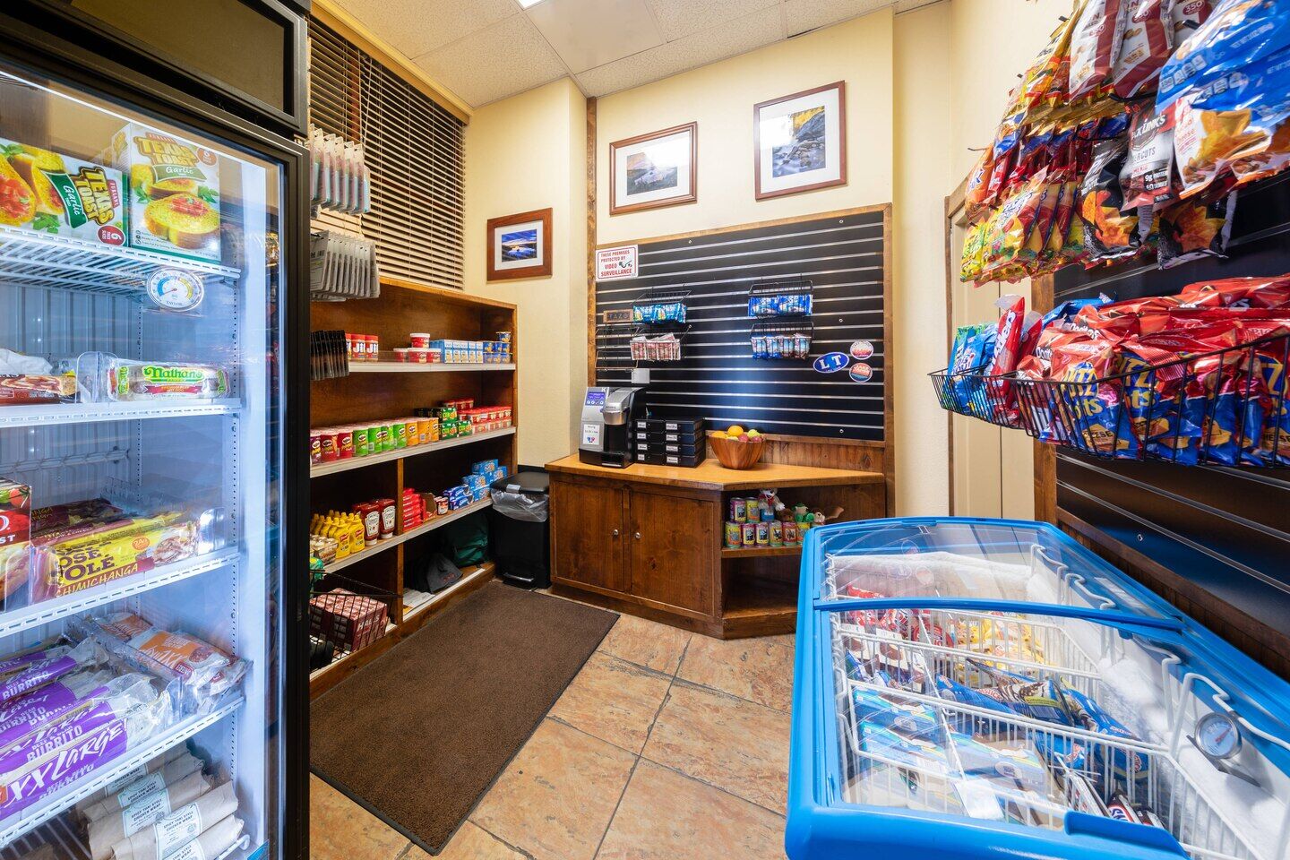 On-site snack shop with drinks, frozen treats, and grab-and-go essentials