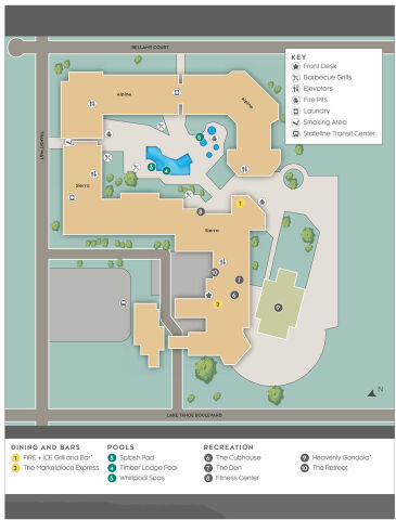 Amenity-rich resort map with pools, dining, fitness center, and clubhouse