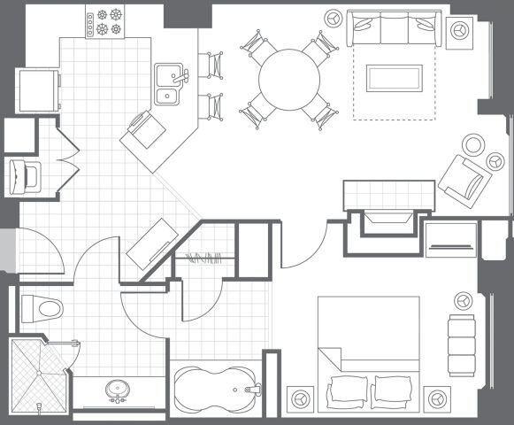 Spacious 1BR layout with open living area, full bath, and dining space