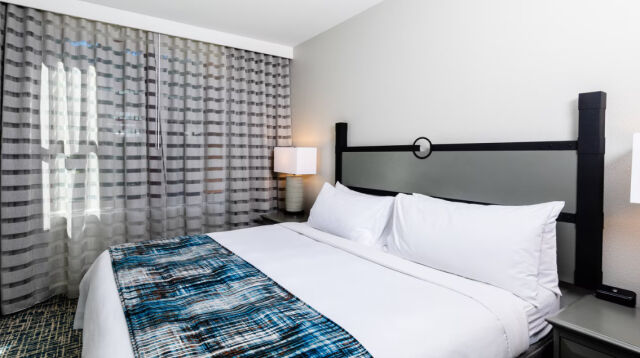 Bright, modern bedroom with plush king bed and stylish accents
