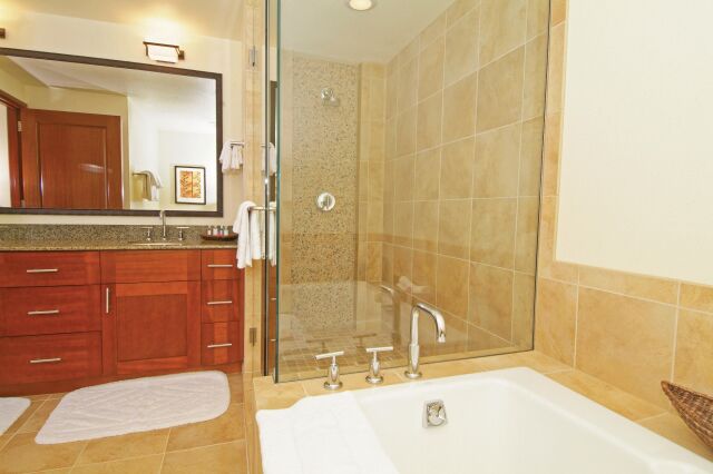 Spa-style bathroom with soaking tub and glass walk-in shower