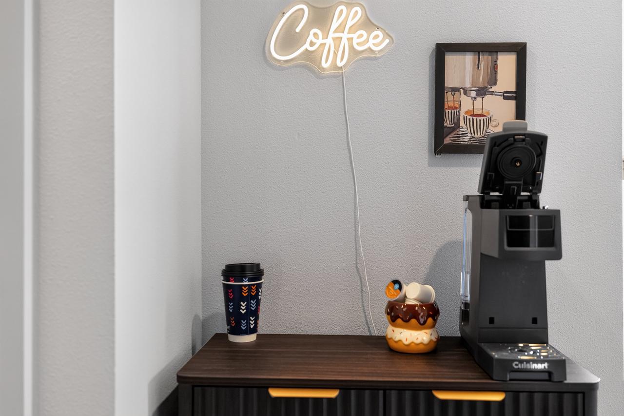 Stylish coffee nook with espresso machine and cozy café-inspired decor