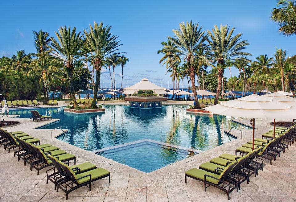 Resort-style tropical pool with palm views and plentiful lounge seating