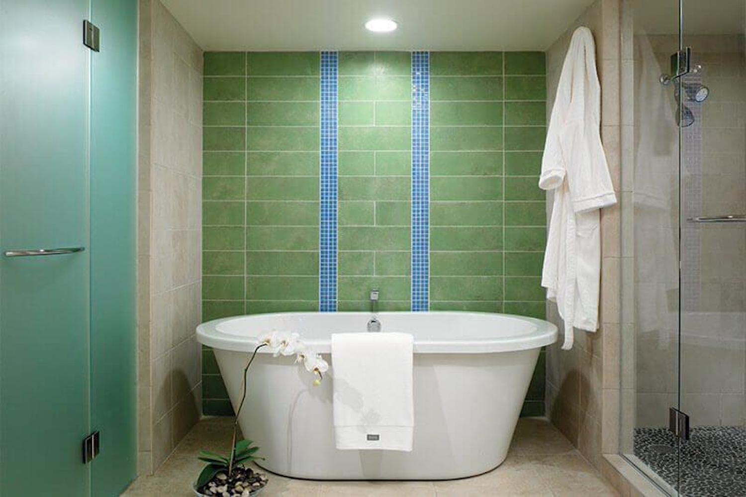 Spa-style bathroom with soaking tub and sleek glass walk-in shower