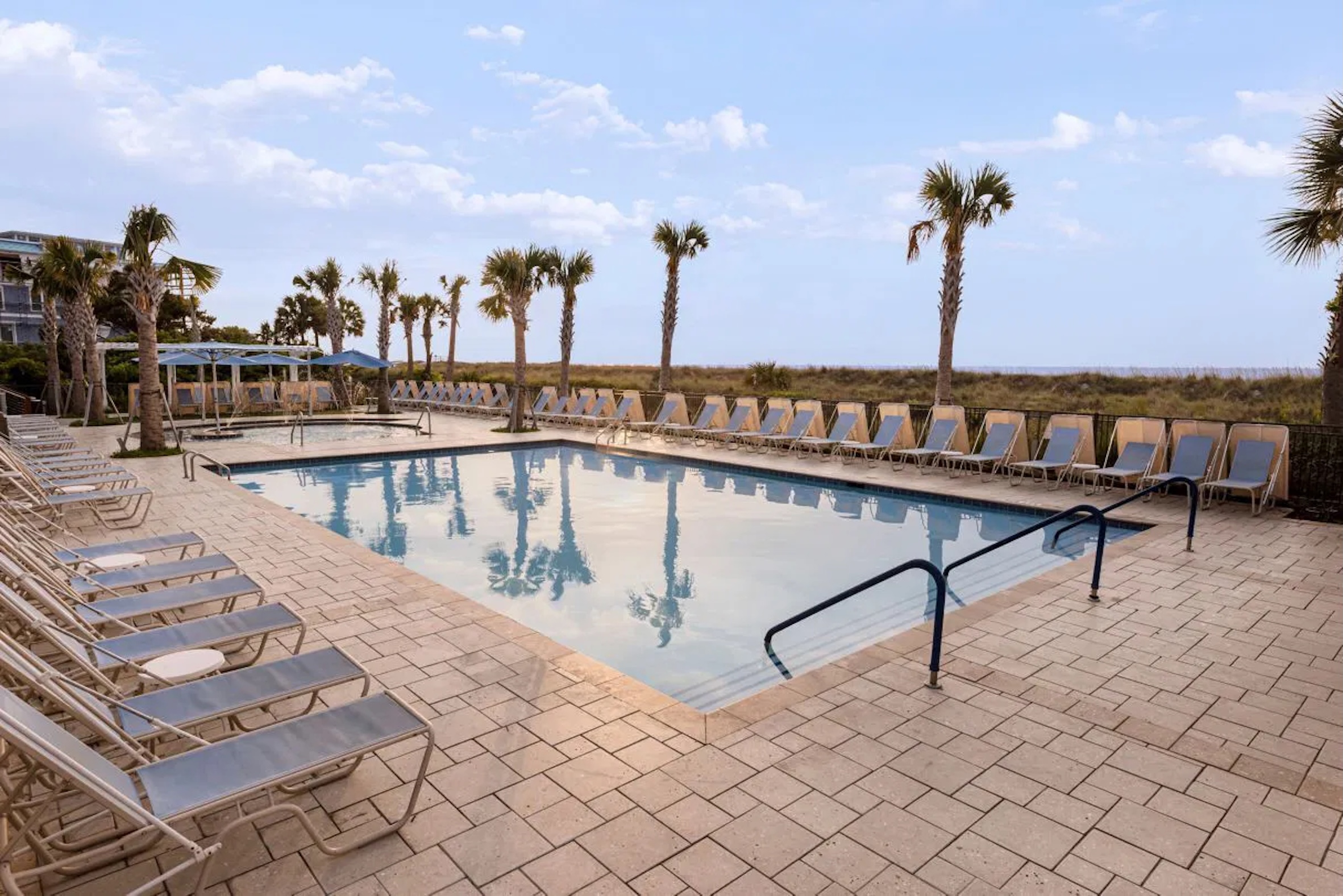 Resort-style pool with palm trees, loungers, and a breezy coastal backdrop