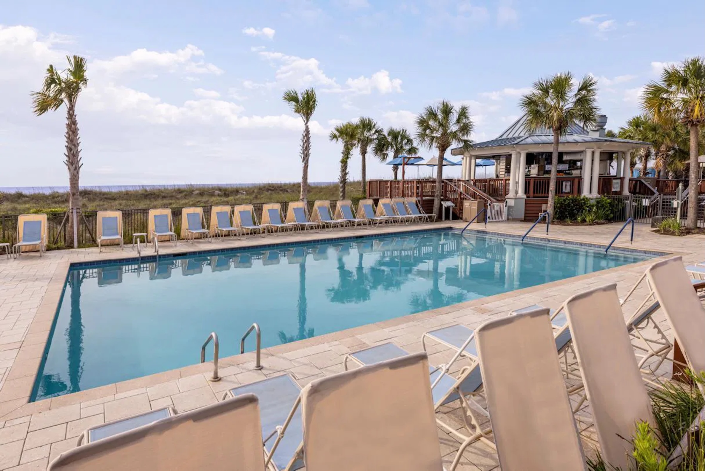 Resort-style pool with palm trees, loungers, and coastal views