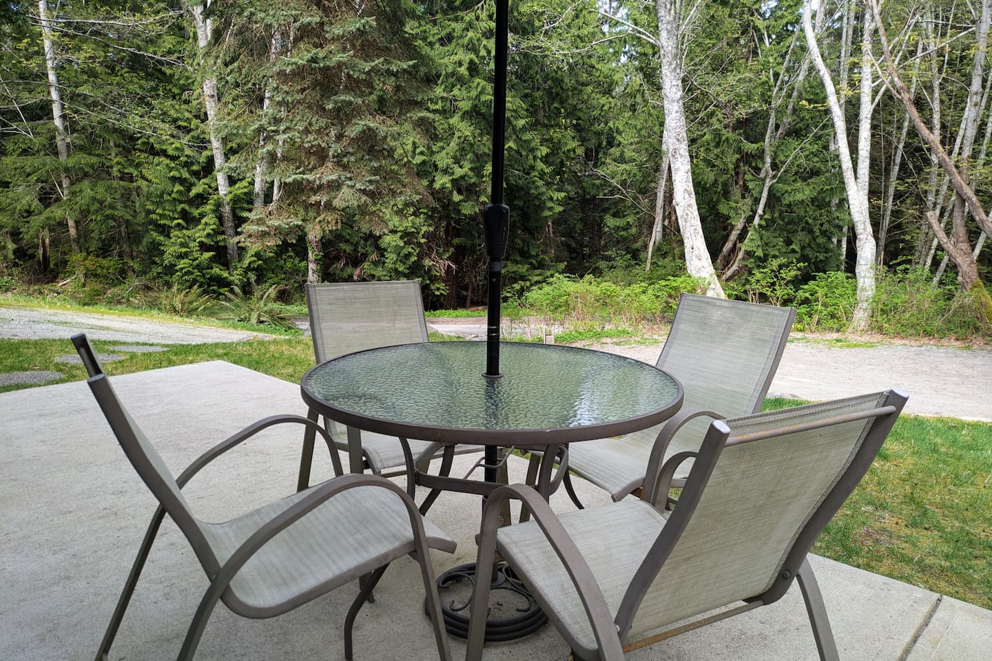 The shaded forest-view patio with outdoor dining for four.