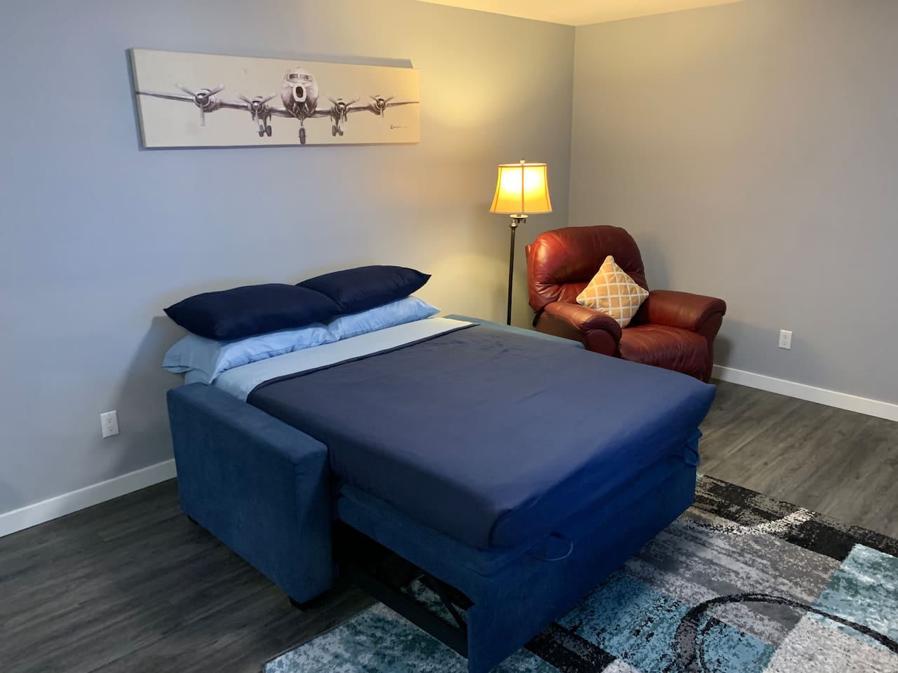 The sofa bed with the extra mattress for a comfortable sleep.