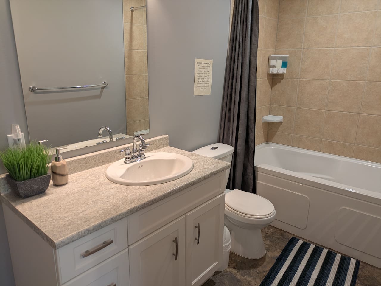 Bright full bathroom with spacious vanity, and a bathtub shower with a deep soaking tub.