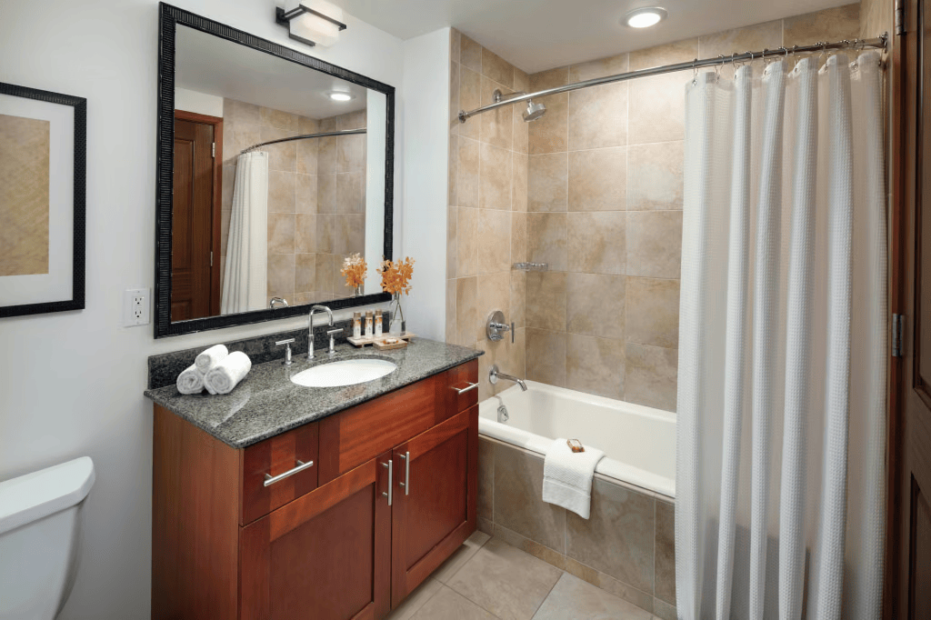 Bright modern bathroom with granite vanity and tiled shower-tub combo