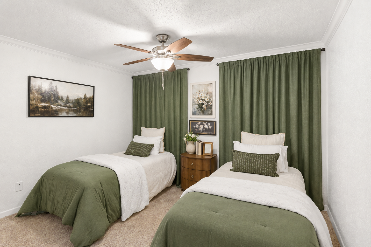 Cozy twin bedroom with stylish decor, soft linens, and blackout curtains