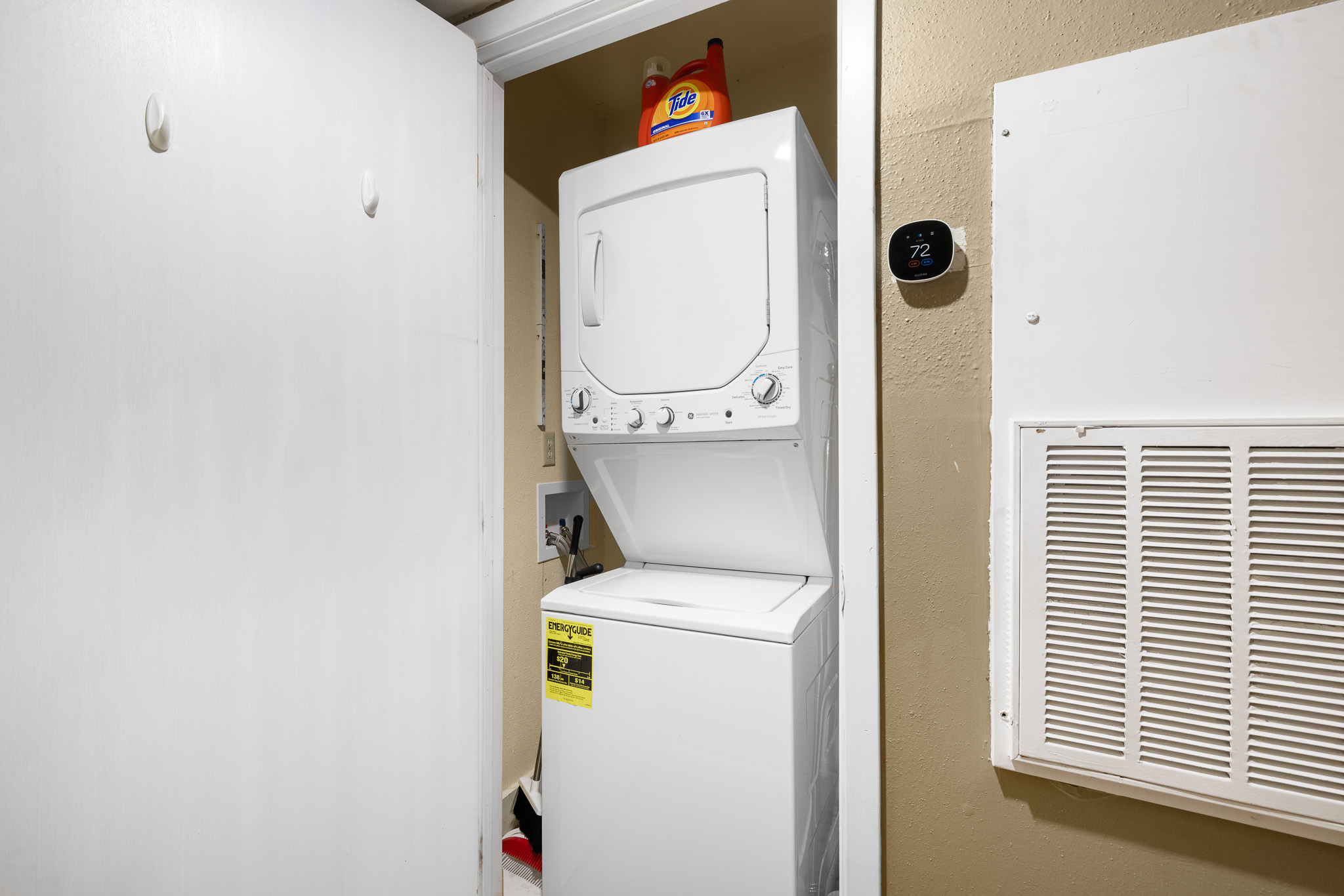 Convenient in-unit stacked washer/dryer for easy laundry access